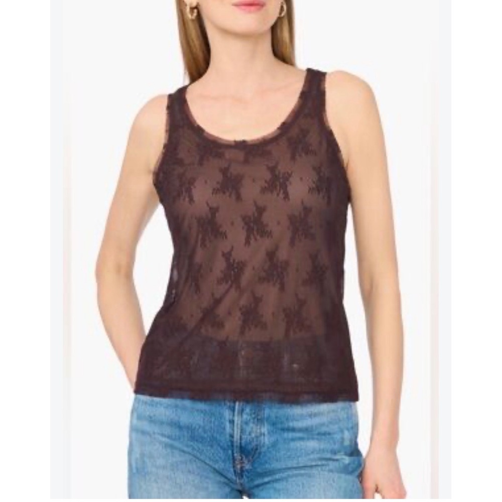 Parker Womens Brown Sheer Floral Lace Tank Top Sleeveless Scoop Neck Blouse L